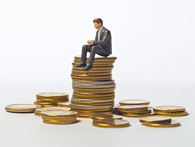 a man sits on top of a stack of gold coins.