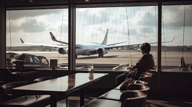 한 남자가 창가에 비행기가 있는 공항 대기실에 앉아 있다