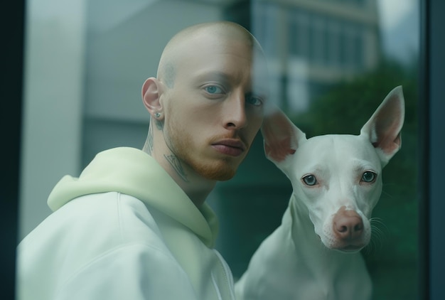 Foto un uomo si siede su un cane bianco in una finestra aperta