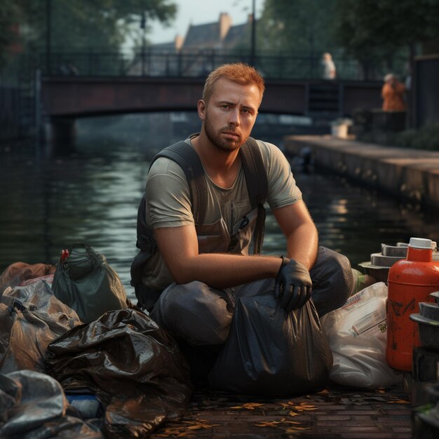 a man sits on a wooden platform next to a pile of trash.