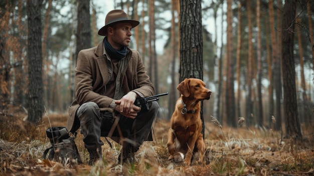 A man sits in the woods with a dog by his side