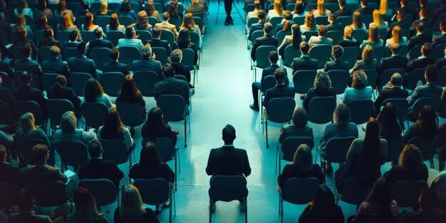 Photo a man sitting alone in a conference room full of empty chairs