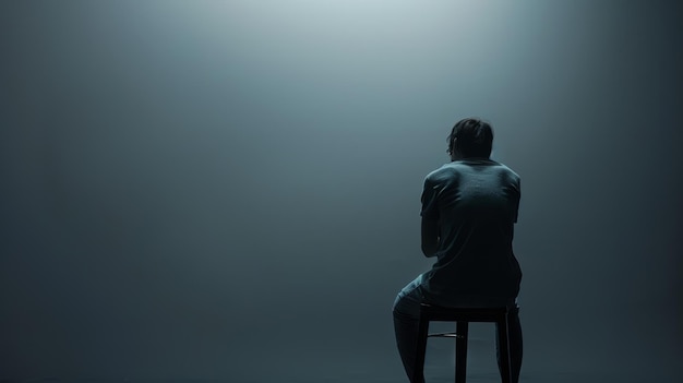 사진 희미하게 조명 된 방에서 혼자 앉아있는 남자가 카메라를 바라보며 외로움과 상 개념 무디와 문자 공간을 가진 대기적 인 초상화