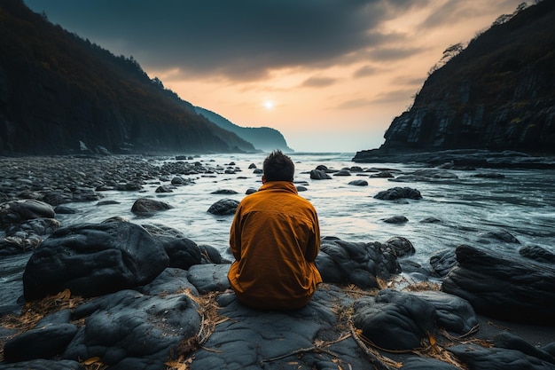 man sitting alone on the ocean shore