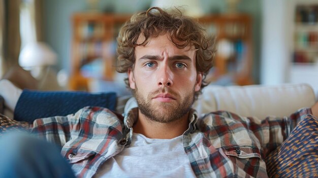 Photo man sitting on the backrest of a couch holding a remote control