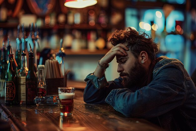 Foto un uomo seduto in un bar con la testa tra le mani