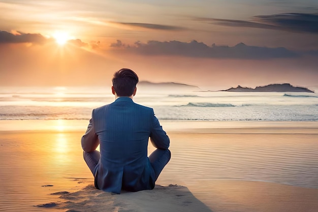 Man sitting on the beach looking at the sunset