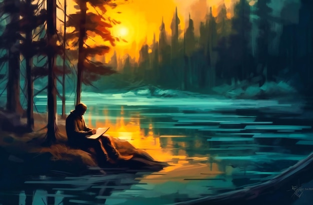 Man sitting on beach sitting next to river reading a book