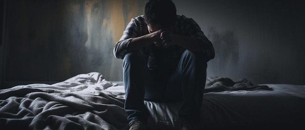 a man sitting on a bed in a dark room