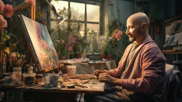 Man Sitting on Bed in FlowerFilled Room