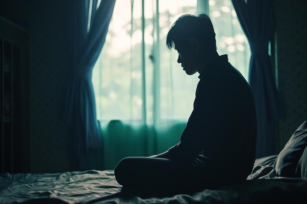 a man sitting on a bed in front of a window