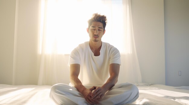 Photo man sitting on bed in room