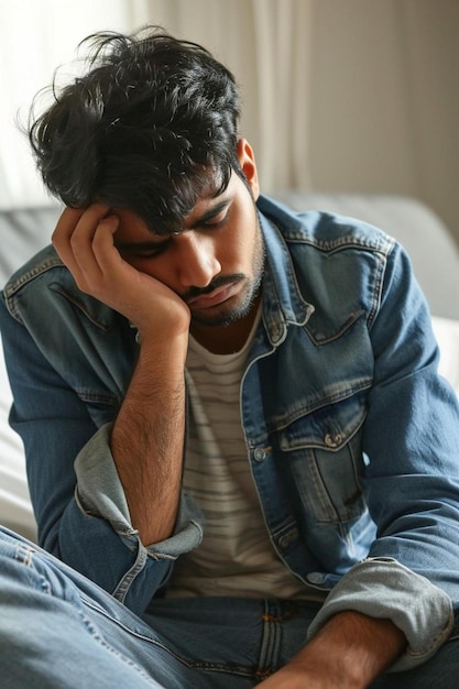 Photo a man sitting on a bed with his head in his hands