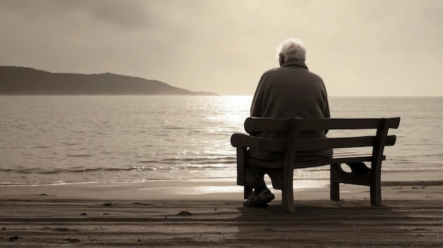 Photo a man sitting on a bench on the beach looking out at the ocean