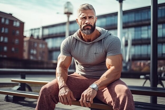 A man sitting on a bench in front of a building