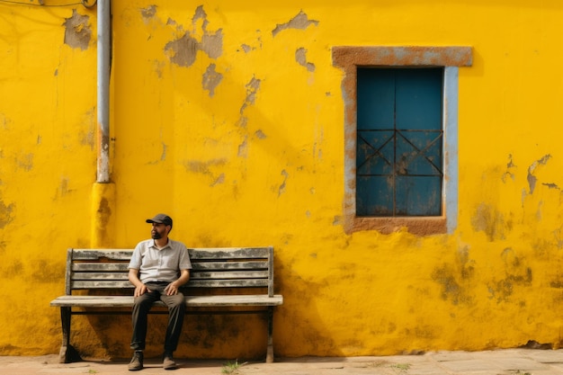 A man sitting on a bench in front of a yellow wall