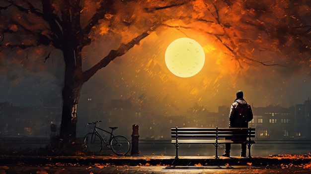 A man sitting on a bench in a park at night