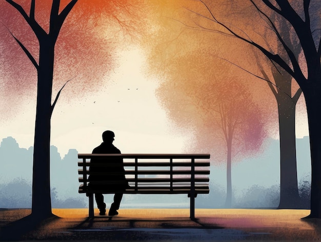 a man sitting on a bench in a park with trees and a sunset