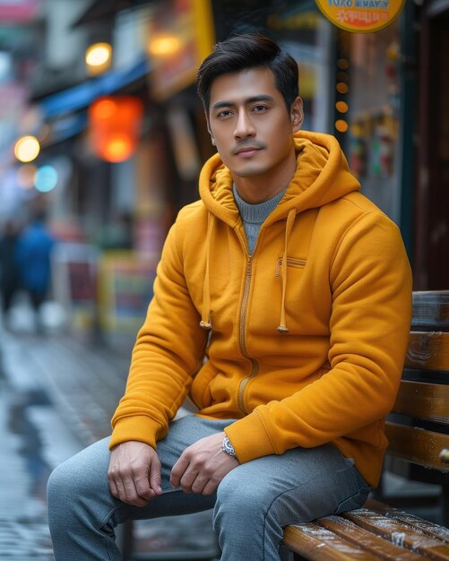 Photo man sitting on bench in rain