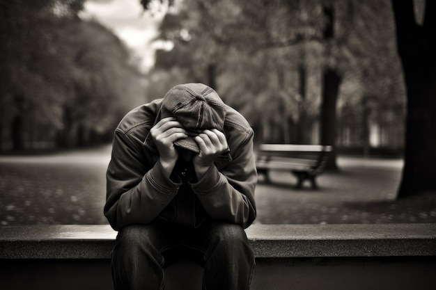 Man Sitting On Bench With His Head Down And Hands Covering His Face Appearing To Be In Emotional Pain Or Grief Generative AI