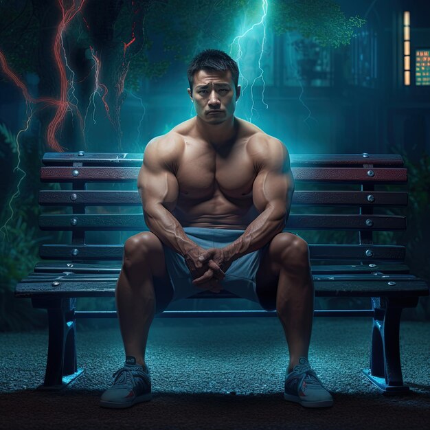 a man sitting on a bench with a lightning bolt in the background