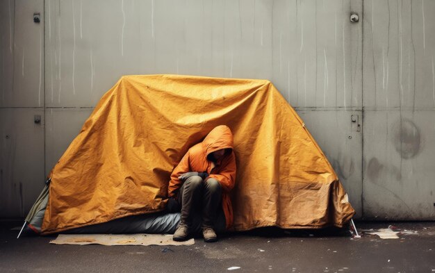 Photo man sitting beside yellow tent