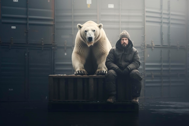man sitting in a box next to a polar bear
