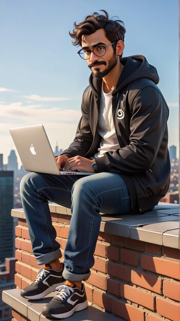 a man sitting on a brick wall with his laptop