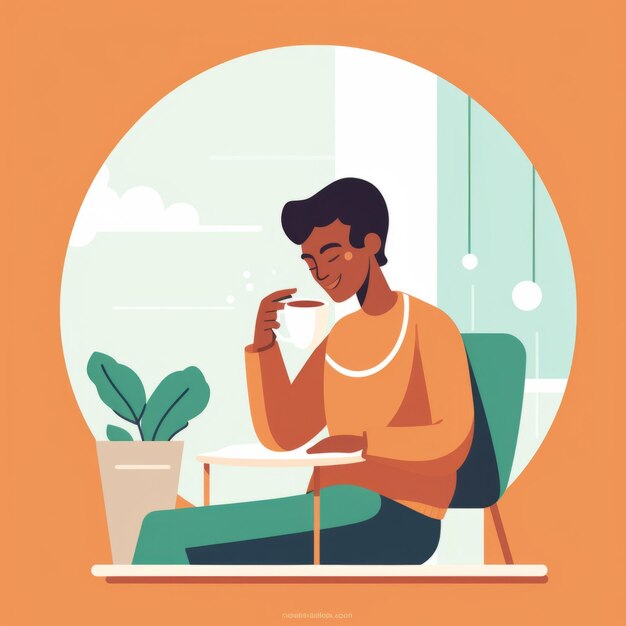 A man sitting at a bustling coffee shop savoring a cup of coffee in the morning flat illustration