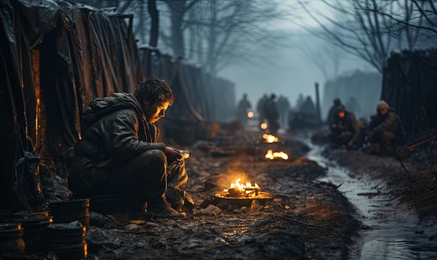 Man Sitting by Fire in Forest