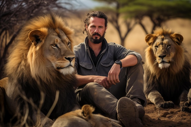 Foto uomo seduto tranquillamente in mezzo a un branco di leoni nel paesaggio della savana