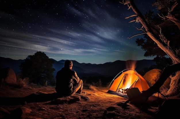 man sitting at a campfire and looking at the stars.