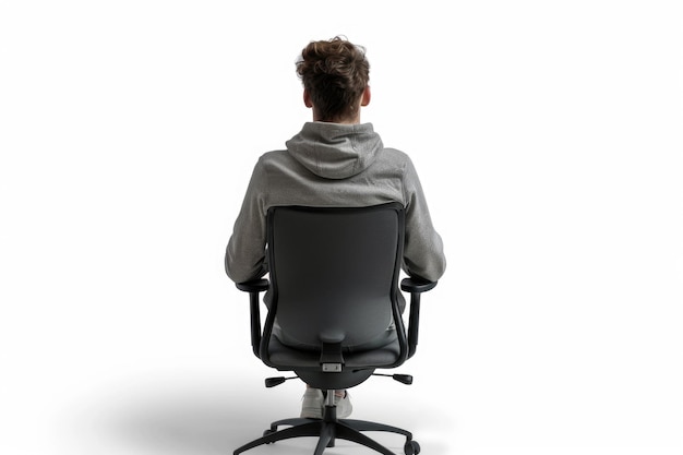 Человек, сидящий на стуле с задним видом, изолированный на белом