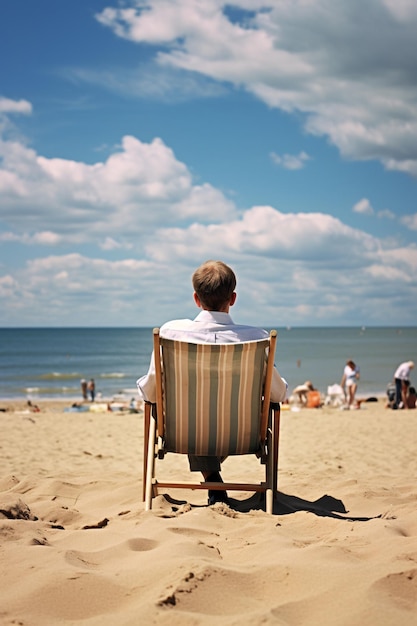 Man sitting in a chair on crowded beach Created with Generative AI technology