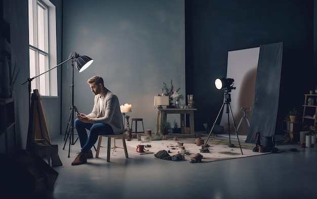 Photo man sitting in chair in front of camera