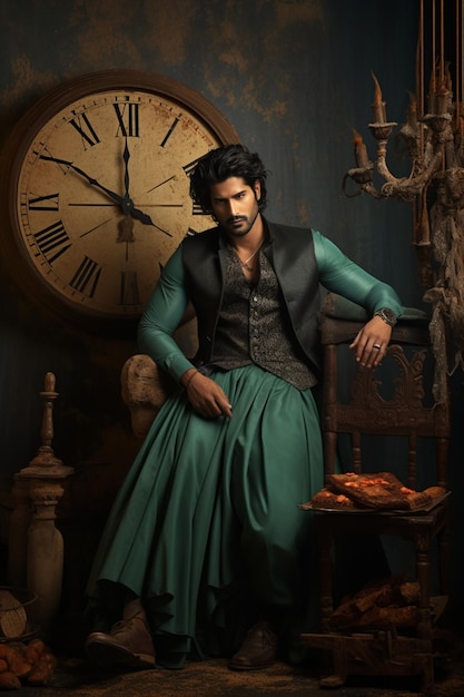 a man sitting in a chair in front of a clock