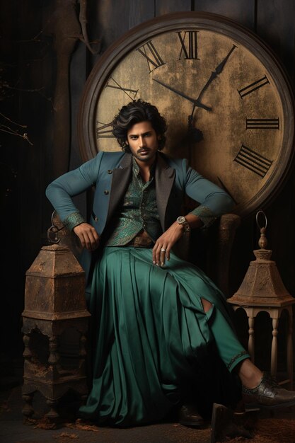 a man sitting on a chair in front of a clock