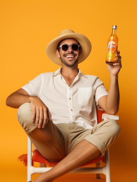 A man sitting in a chair holding a bottle of beer