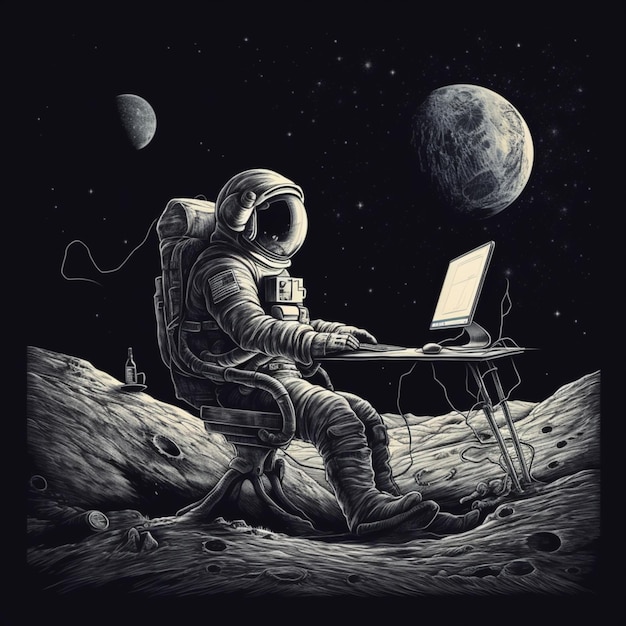 月の椅子に座ってラップトップを置いている男性。