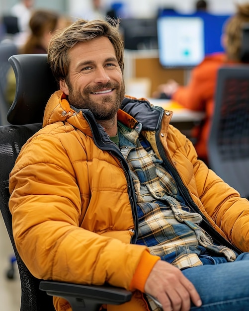 Photo man sitting in chair in office