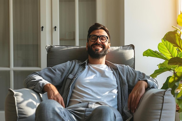 a man sitting in a chair next to a plant