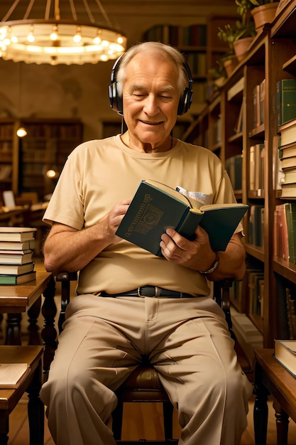 A man sitting in a chair reading a book in a library with headphones on his head and a book in his l