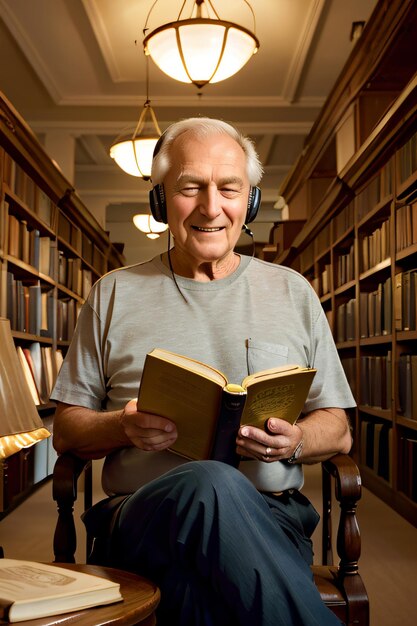 a man sitting in a chair reading a book in a library with headphones on his head and a lamp above hi