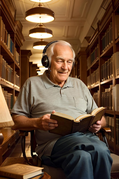 a man sitting in a chair reading a book in a library with headphones on his head and a lamp on the t