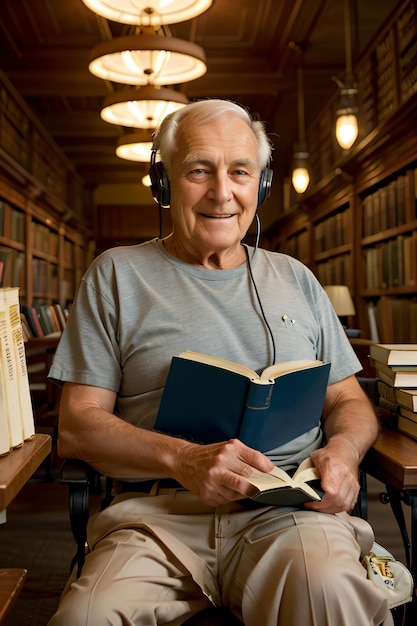 a man sitting in a chair reading a book in a library with headphones on his head and a laptop in the