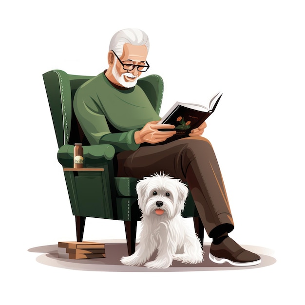 Foto un uomo seduto su una sedia che legge un libro con un cane