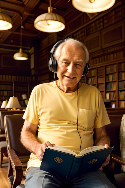 a man sitting in a chair reading a book with headphones on his head and a lamp on the wall behind hi