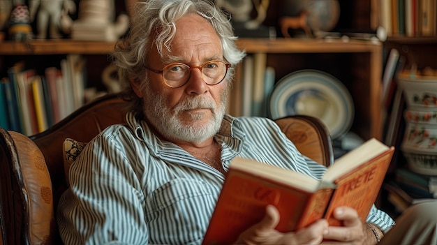 Man Sitting in Chair Reading Book