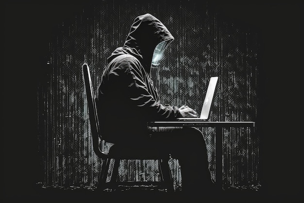 ラップトップを使用して椅子に座っている男コンピューター システムに侵入しながらラップトップに入力する男性のハッカー