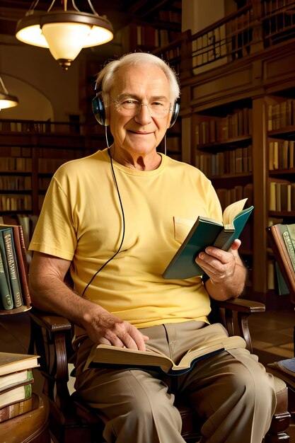 図書館で本とヘッドフォンを頭に乗せ、膝の上に本を置いて椅子に座っている男性